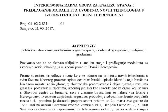 Interresorna radna grupa za analizu stanja i  predlaganje modaliteta uvođenja novih tehnologija u izborni proces u Bosni i Hercegovini uputila Javni poziv 